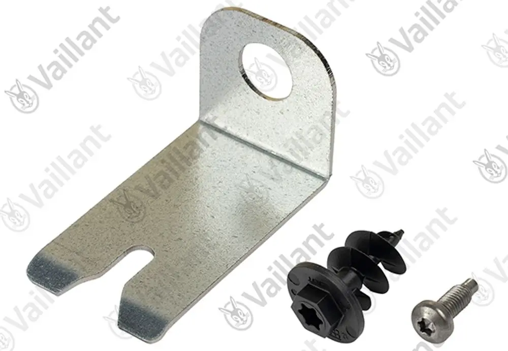 Metallhalterung von Vaillant mit zwei Befestigungslöchern, einer geraden Kante und einem Schraubensatz, bestehend aus schwarzen und silbernen Schrauben.